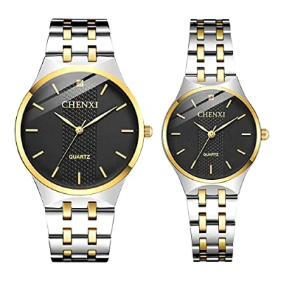 Image of JewelryWe His and Hers Couple Watches Set Business Men Women Matching Watch Silver/Gold Pair Quartz Wristwatch, for Anniversary, Wedding, Valentine
