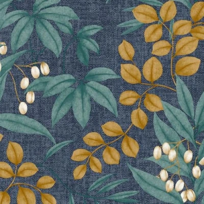 Image of Superfresco Easy Persephone Navy/Ochre Floral Wallpaper Paste The Wall Navy Classy intertwining Leaves Textured Design Feature or 4 Suitable for Any Room