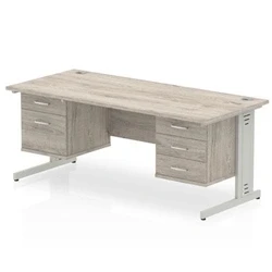 Image of Impulse 1800x800 Desk Grey Oak Silver Cable Managed Leg + 2 Pedestal