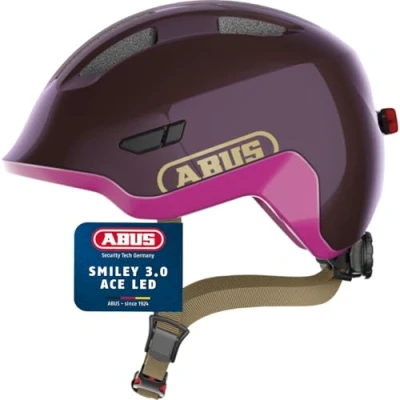 Image of ABUS Smiley 3.0 ACE LED kids helmet bike with light deep fit &amp; room for a ponytail girls and boys purple, size S
