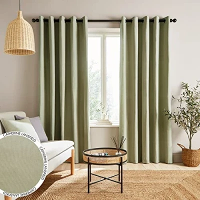 Image of Catherine Lansfield Yarn Dyed Cotton Chambray 90x90 Inch Eyelet Curtains Two Panels Sage Green