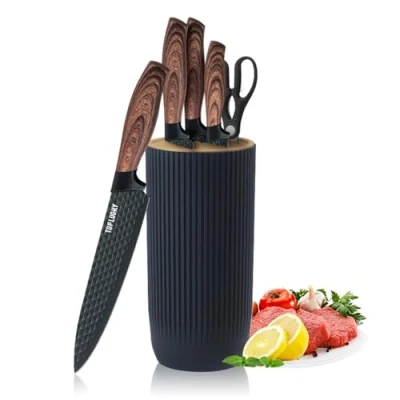 Image of AVEKI Chef Knife Set with Block, 6 Piece Kitchen Knives Sharp Blades, Professional Ergonomic Handle, Non stick Stainless Steel Block (Black)
