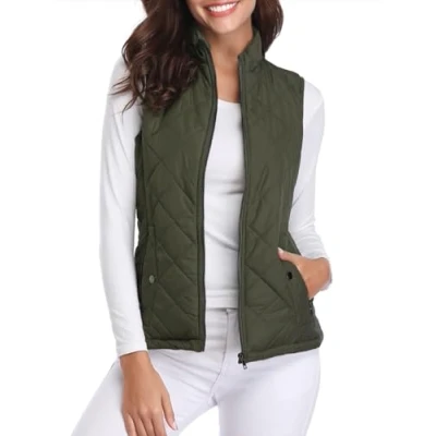 Image of fuinloth Women&#039;s Quilted Gilet, Lightweight Body Warmer Zip Padded Stand Collar Vest Green Small