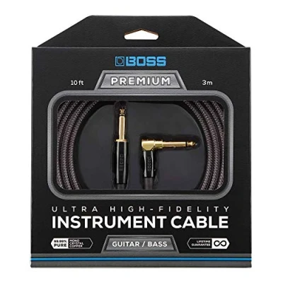Image of BOSS BIC P10A Ultra High Fidelity Instrument Cable 10ft / 3m Straight to Right Angled 1/4&quot; 24K Gold Connectors For Guitar and Bass giving Superior Tone, Noise Reduction Lasting Durability