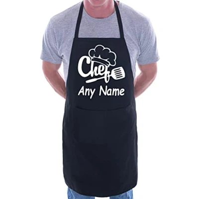 Image of Print4U Personalised Apron Chef Your Text Here Any Words BBQ Baking Cooking Black