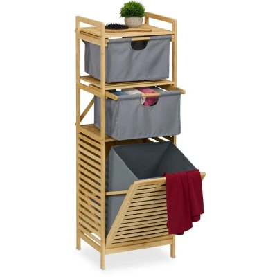 Image of Relaxdays Laundry Basket Rack, Washing Hamper, 30 L, Shelf &amp; 2 Drawers, Bamboo, Fabric, HWD: 120x40x33 cm, Natural/Grey, Polyester