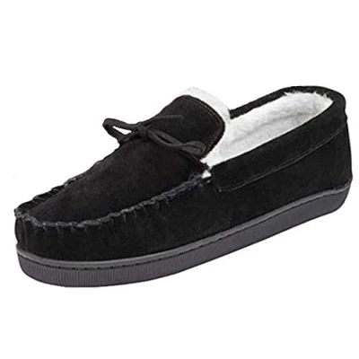 Image of Dunlop Mens Real Suede Leather Faux Sheepskin Fur Plush Fleece Lined Moccasin Slippers Memory Foam Rubber Sole House Bedroom Indoor (9 UK, Black)