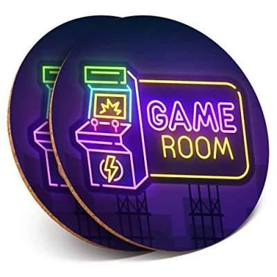 Image of 2 x Round Coasters Retro Game Room Arcade Sign Cork Backed Home Kitchen Accessory Tea Coffee Mug Mat #14767