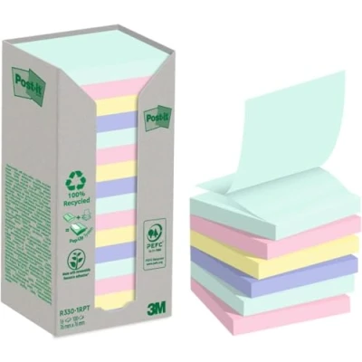 Image of Post it Recycling notes Assorted Colours, Pack of 16 Pads, 100 Sheets per Pad, 76 mm x mm, Green, Pink, Blue, Yellow Self stick made from 100% recycled paper
