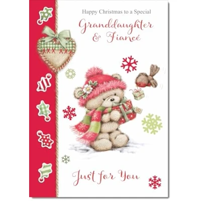 Image of doodlecards Granddaughter and Fiance Christmas Card Cute Bear with Red Hat Medium Size for &amp; Plain Envelope