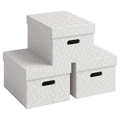 Image of Leitz VON 61410001 Set of 3 Storage Boxes with Lids, 15 L, Medium, 100% Recycled Cardboard, Geometric Design, for School, Study &amp; Household, White, Pack