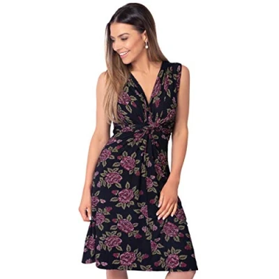 Image of KRISP Women Sleeveless Floral Summer Dress V Neck Knot Front (Black, 8), 6252 BLK 08
