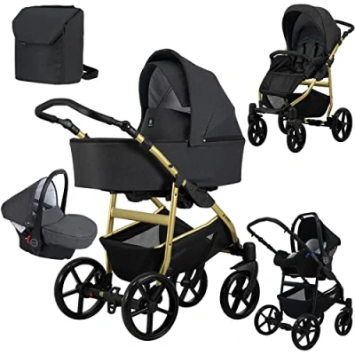Image of Baby Pram Buggy Stroller for Toddler with Infant Car Seat Foldable Pushchair 3 in 1 Travel System from Birth (Dark Grey)