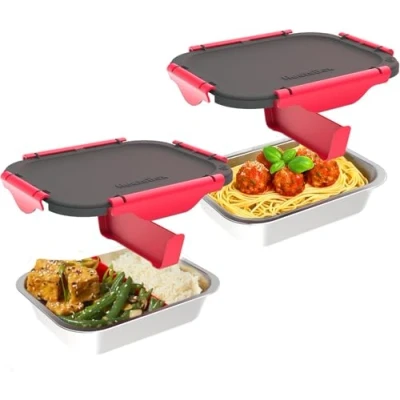 Image of Faitron Inner Dish Set of 2, leak proof Stainless Steel bowls with divider (925 ml), transport lid, temperature stable up to 200 C, suitable for HeatsBox Style and Style+, WFH10, Look