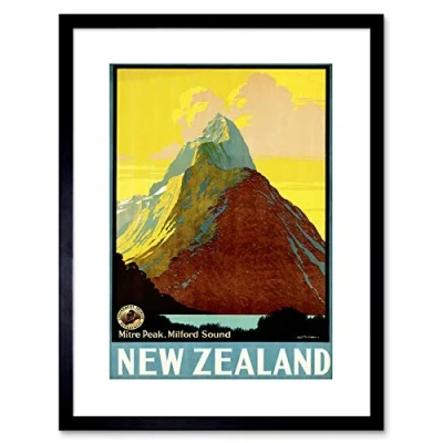 Image of Wee Blue Coo Travel New Zealand Milford Sound Mitre Peak Mountain Framed Wall Art Print
