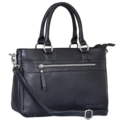 Image of STILORD &#039;Frauke&#039; Organised Leather Handbag Ladies Shoulder Bag Vintage Shopper Messenger Office Handle Genuine Leather, Colour:black