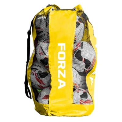 Image of FORZA Premier Ball Carry Bag Drawstring Football, Basketball, Netball &amp; Volleyball Mesh 5 Colour Options Heavy Duty Equipment Holdall 12 Capacity (Yellow)