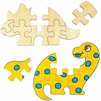 Image of Baker Ross FC828 Dinosaur Wooden Jigsaw Puzzles Pack of 5, Craft Kits for Kids, Painting Wood Crafts Puzzle