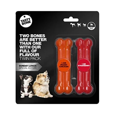 Image of TastyBone Twin Pack Nylon Dog Chew Toys for Toy Dogs (Roast Chicken &amp; Strawberry) Indestructible Aggressive Chewers, Everlasting Flavour, Strong Healthy Teeth, Made in the UK