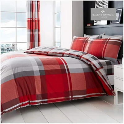 Image of Gaveno Cavailia Waverly Check Luxurious Bed Set with Duvet Cover and Pillow Cases, Polyester Cotton, Single Red