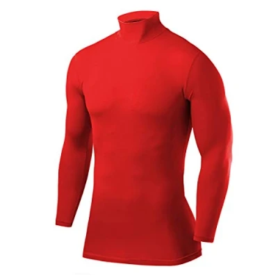 Image of PowerLayer Men&#039;s Compression Base Layer Top Long Sleeve Under Shirt Mock Neck Red, XL