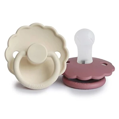 Image of FRIGG Daisy Silicone Pacifier Pack of 2 Soother Dummy BPA Free Made in Denmark Symmetrical Cherry Shaped Nipple (Cream/Dusty Rose, Size 1 (0 6 Months))