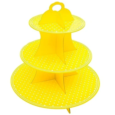 Image of AEX 3 Tier Cake Stand Cardboard Birthday Cupcake Stands For Afternoon Tea Biodegradable Round Food Fruit Dessert Display Holder Yellow Polka Dot