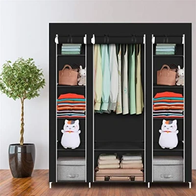 Image of wenyuyu Portable Wardrobe Shelves Clothes Closet Storage Organizer, Non Woven Fabric Cover for Bedroom, Department,Living Room, Small Space, Easy Assembly (Black 150x45x175 cm)