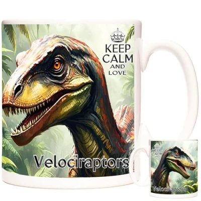 Image of Velociraptor Dinosaur Gift Mug. 11oz Ceramic Mug Dishwasher and Microwave Safe. Jurassic