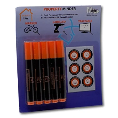 Image of Minder Property Marking Pens Including 5 x Thick 4mm Invisible UV Ink Covert Marker and Warning Stickers