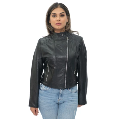 Image of Ladies Womens Black Real Leather Fitted Vintage Biker Style Zip Fashion Jacket L