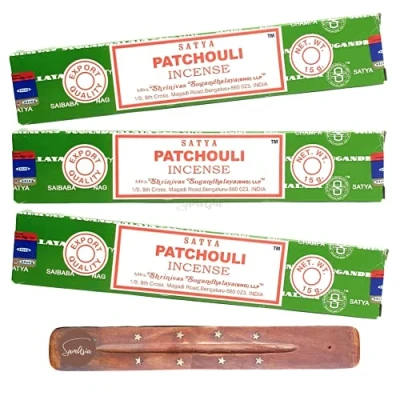 Image of Satya Nag Champa Patchouli incense sticks x3 pack with SAMASIA holder Used for Aromatherapy, Spa, Yoga, Weddings, Meditation, Positivity and Relaxation