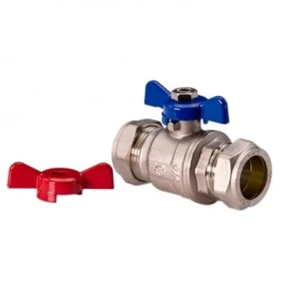 Image of UKDD® 22mm Heavy Duty Full BORE Butterfly Ball Valve Thumb Turn Handle Compression Isolation with RED &amp; Blue WRAS Approved