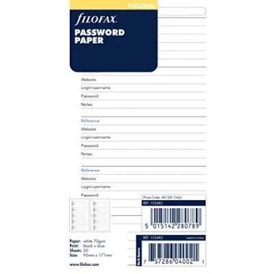 Image of Filofax Personal Password Paper Refill, White, 95 x 171 mm