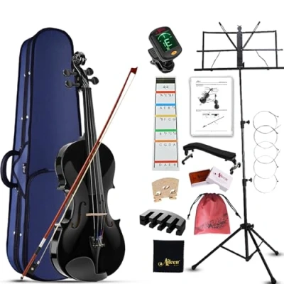 Image of Aileen 4/4 Full Size Violin for Adults Beginners, Fiddle Starter Kit Kids Age 12+, Black Set Student with 13 Accessories, including Music Stand, Exclusive New Fingerboard Sticker, Mute