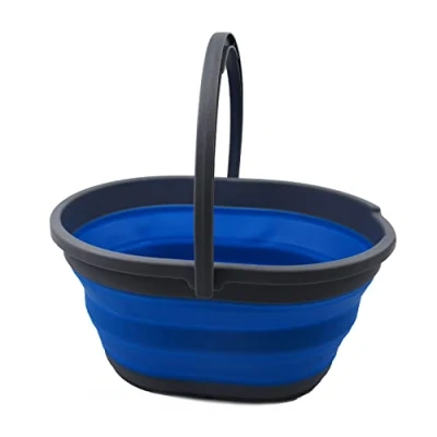 Image of SAMMART 11L Collapsible Basket with Handle Portable Outdoor Picnic Basket/Crater Foldable Shopping Bag Space Saving Storage Container (Dark Grey/Blue, 1)