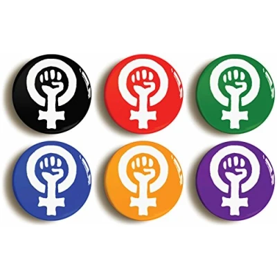 Image of 6 x FEMINIST FIST SYMBOL BADGE BUTTON PIN (Size is 1inch/25mm diameter) FEMINISM