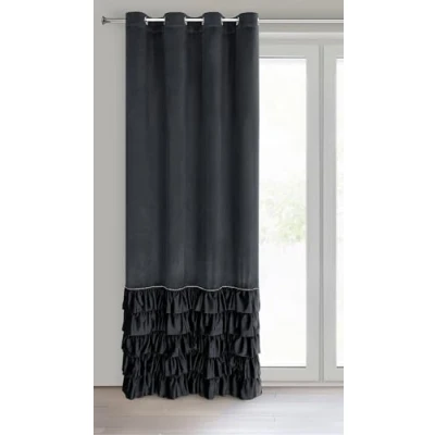 Image of Eurofirany CARLI Velvet Curtain with Ruffles, Eyelets, Opaque Blackout Exclusive for Living Room, Bedroom, 140 x 250 cm, Black