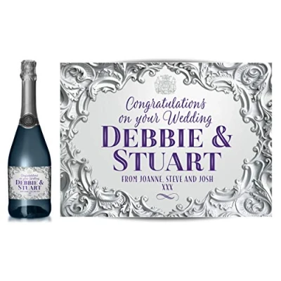 Image of TigerMill Publishing Personalised Silver Effect Champagne Labels for Any Occasion or Event, Birthday, Wedding, Engagement, Anniversary, Hen Night, Christmas etc (Silver/Purple Type)