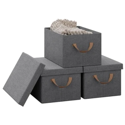 Image of WOLTU Storage Boxes Set of 3, Foldable with Lids, Under Bed Handles, Wardrobe Organiser, Non woven Fabric Basket, Grey, 38x27x20cm