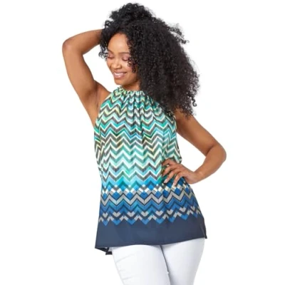 Image of Roman Petite Womens Zig Zag Print Halterneck Top Blue Size 16 UK