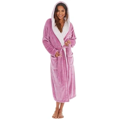Image of KATE MORGAN Ladies Dressing Gown Fluffy Super Soft Hooded Bathrobe for Women Plush Fleece Perfect Loungewear Long Robe Gifts L Pink