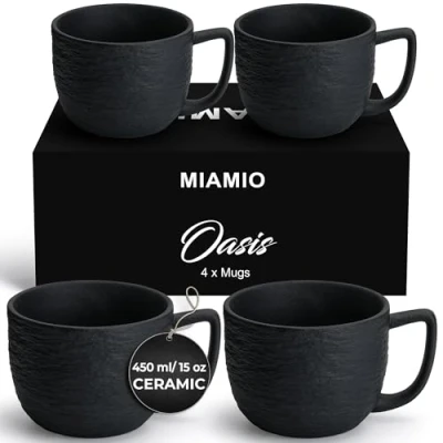 Image of MIAMIO Coffee Mug Set of 4 x 450 ml Cups/White Mugs Ceramic with Embossed Rock Texture for Coffee, Latte, Tea Oasis Collection