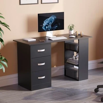 Image of Vida Designs Mason Computer Desk with Shelves and 3 Drawers, Home Office PC/Laptop Gaming Table, Study Workstation, Furniture Black