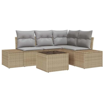 Image of vidaXL 5 Piece Garden Sofa Set with Cushions Black Poly Rattan