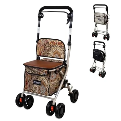 Image of Mobiclinic®, Shopping Trolley with Seat, Mobility Walker, Model Coliseo, Foldable, Rollator, Steel, Backrest, on Wheels, Bag Removable, Directional Locking