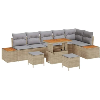 Image of vidaXL 9 Piece Garden Sofa Set with Cushions Beige Poly Rattan Acacia