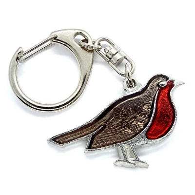 Image of Red Robin Bird Push Gate Keyring with Grey Burlap Pouch
