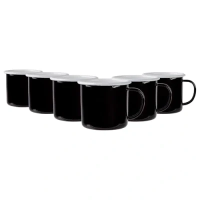 Image of 6x Black 375ml Coloured Enamel Mugs By Argon Tableware