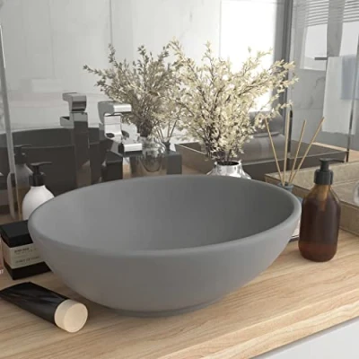 Image of Bathroom Basin, Vessel Sink Vanity Basin Counter Top Hand Wash Luxury Oval Shaped Matt Light Grey 40x33 cm Ceramic